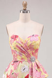 Pink A-Line Sweetheart Floral Ruched Beaded Homecoming Dress