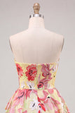Pink A-Line Sweetheart Floral Ruched Beaded Homecoming Dress