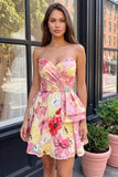 Pink A-Line Sweetheart Floral Ruched Beaded Homecoming Dress