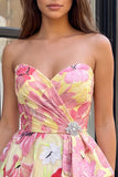 Pink A-Line Sweetheart Floral Ruched Beaded Homecoming Dress