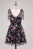 A-Line Black V-Neck Floral Sequins Homecoming Dress