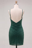 Dark Green Bodycon Ruched Spaghetti Straps Beaded Homecoming Dress with Slit