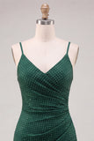 Dark Green Bodycon Ruched Spaghetti Straps Beaded Homecoming Dress with Slit