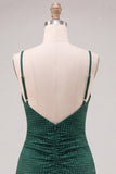 Dark Green Bodycon Ruched Spaghetti Straps Beaded Homecoming Dress with Slit