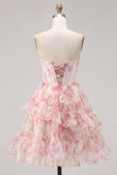 A-Line Pink Sweetheart Corset Tiered Ruffled Floral Homecoming Dress with Lace Up Back