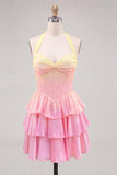 A-Line Yellow and Pink Halter Neck Corset Tiered Chiffon Homecoming Dress