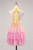 A-Line Yellow and Pink Halter Neck Corset Tiered Chiffon Homecoming Dress