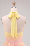 A-Line Yellow and Pink Halter Neck Corset Tiered Chiffon Homecoming Dress