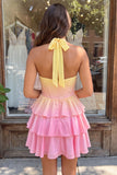 A-Line Yellow and Pink Halter Neck Corset Tiered Chiffon Homecoming Dress