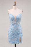 Sky Blue Sweetheart Corset Floral Appliqued Tight Homecoming Dress with Slit