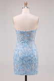 Sky Blue Sweetheart Corset Floral Appliqued Tight Homecoming Dress with Slit