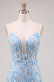Sky Blue Sweetheart Corset Floral Appliqued Tight Homecoming Dress with Slit