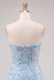 Sky Blue Sweetheart Corset Floral Appliqued Tight Homecoming Dress with Slit