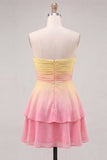 Yellow and Pink Strapless A-Line Ruched Tiered Chiffon Homecoming Dress
