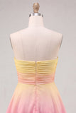 Yellow and Pink Strapless A-Line Ruched Tiered Chiffon Homecoming Dress