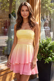 Yellow and Pink Strapless A-Line Ruched Tiered Chiffon Homecoming Dress