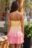 Yellow and Pink Strapless A-Line Ruched Tiered Chiffon Homecoming Dress