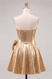 Gold Metallic Sweetheart A-Line Beaded Homecoming Dress with Bow