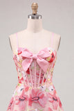 Pink Floral Corset A-Line Spaghetti Straps Lace Up Back Homecoming Dress with Bow