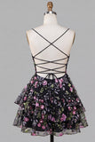 A-Line Black Spaghetti Straps Tiered Floral Lace Up Back Homecoming Dress with Sequins