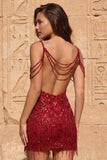 Cold Shoulder Dark Green Sequins Bodycon Short Homecoming Dress with Fringes