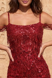 Cold Shoulder Dark Green Sequins Bodycon Short Homecoming Dress with Fringes