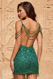Cold Shoulder Dark Green Sequins Bodycon Short Homecoming Dress with Fringes
