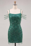 Cold Shoulder Dark Green Sequins Bodycon Short Homecoming Dress with Fringes