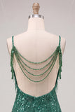 Cold Shoulder Dark Green Sequins Bodycon Short Homecoming Dress with Fringes