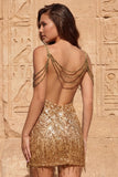Cold Shoulder Dark Green Sequins Bodycon Short Homecoming Dress with Fringes