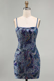 Blue Bodycon Spaghetti Straps Short Homecoming Dress with Sequins