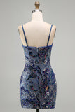 Blue Bodycon Spaghetti Straps Short Homecoming Dress with Sequins
