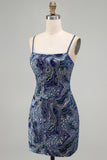 Blue Bodycon Spaghetti Straps Short Homecoming Dress with Sequins