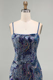 Blue Bodycon Spaghetti Straps Short Homecoming Dress with Sequins