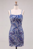 Blue Bodycon Spaghetti Straps Short Homecoming Dress with Sequins