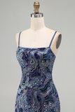 Blue Bodycon Spaghetti Straps Short Homecoming Dress with Sequins