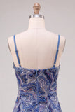 Blue Bodycon Spaghetti Straps Short Homecoming Dress with Sequins