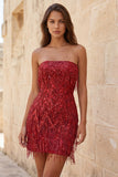 Strapless Burgundy Bodycon Fringed Short Homecoming Dress with Sequins