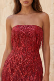 Strapless Burgundy Bodycon Fringed Short Homecoming Dress with Sequins