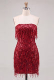 Strapless Burgundy Bodycon Fringed Short Homecoming Dress with Sequins