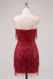 Strapless Burgundy Bodycon Fringed Short Homecoming Dress with Sequins