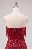 Strapless Burgundy Bodycon Fringed Short Homecoming Dress with Sequins