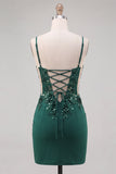 Dark Green Corset Bodycon Spaghetti Straps Floral Short Homecoming Dress with Lace Up Back