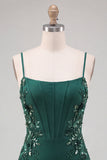Dark Green Corset Bodycon Spaghetti Straps Floral Short Homecoming Dress with Lace Up Back