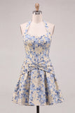 Light Blue A-Line Halter Neck Jacquard Floral Corset Homecoming Dress