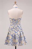 Light Blue A-Line Halter Neck Jacquard Floral Corset Homecoming Dress