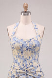 Light Blue A-Line Halter Neck Jacquard Floral Corset Homecoming Dress