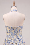 Light Blue A-Line Halter Neck Jacquard Floral Corset Homecoming Dress