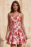 Light Blue A-Line Halter Neck Jacquard Floral Corset Homecoming Dress