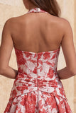 Light Blue A-Line Halter Neck Jacquard Floral Corset Homecoming Dress